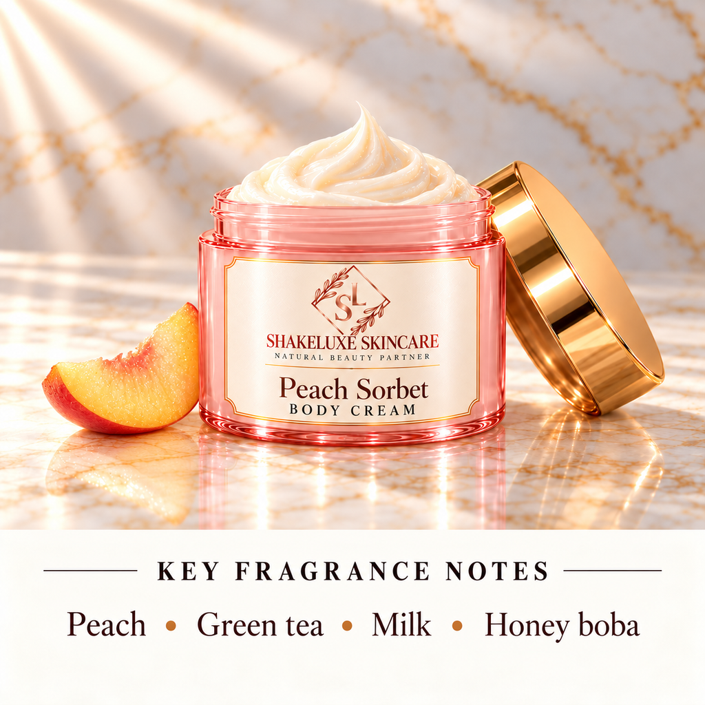 ShakeLuxe Peach Sorbet Body Cream with fragrance notes: Peach • Green tea • Milk • Honey boba