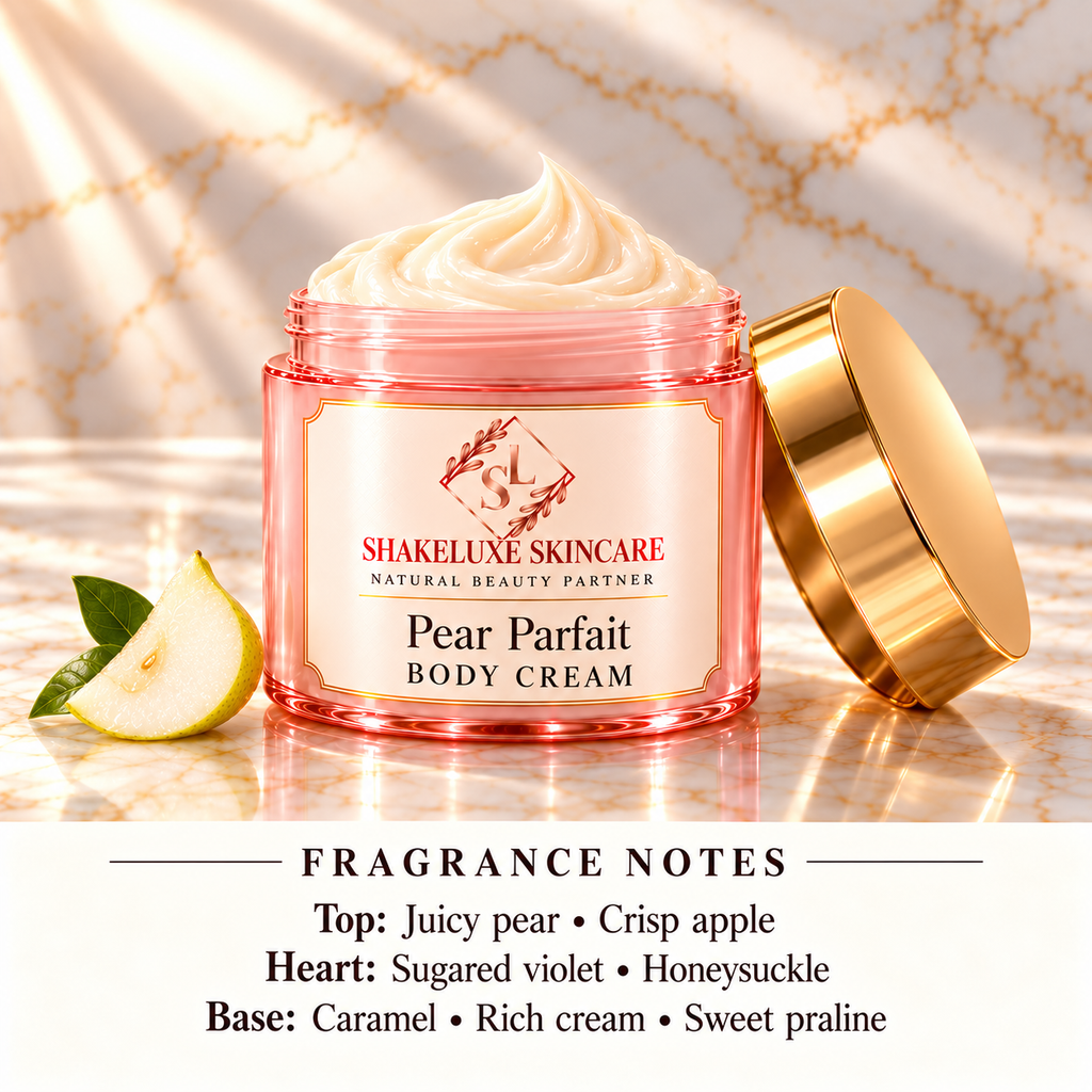 Pear Parfait body cream with ShakeLuxe SL branding and fragrance notes