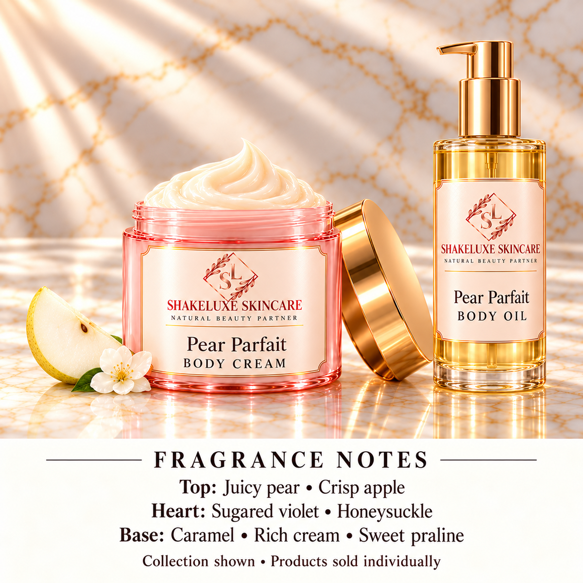 Pear Parfait collection with ShakeLuxe SL branding and fragrance notes