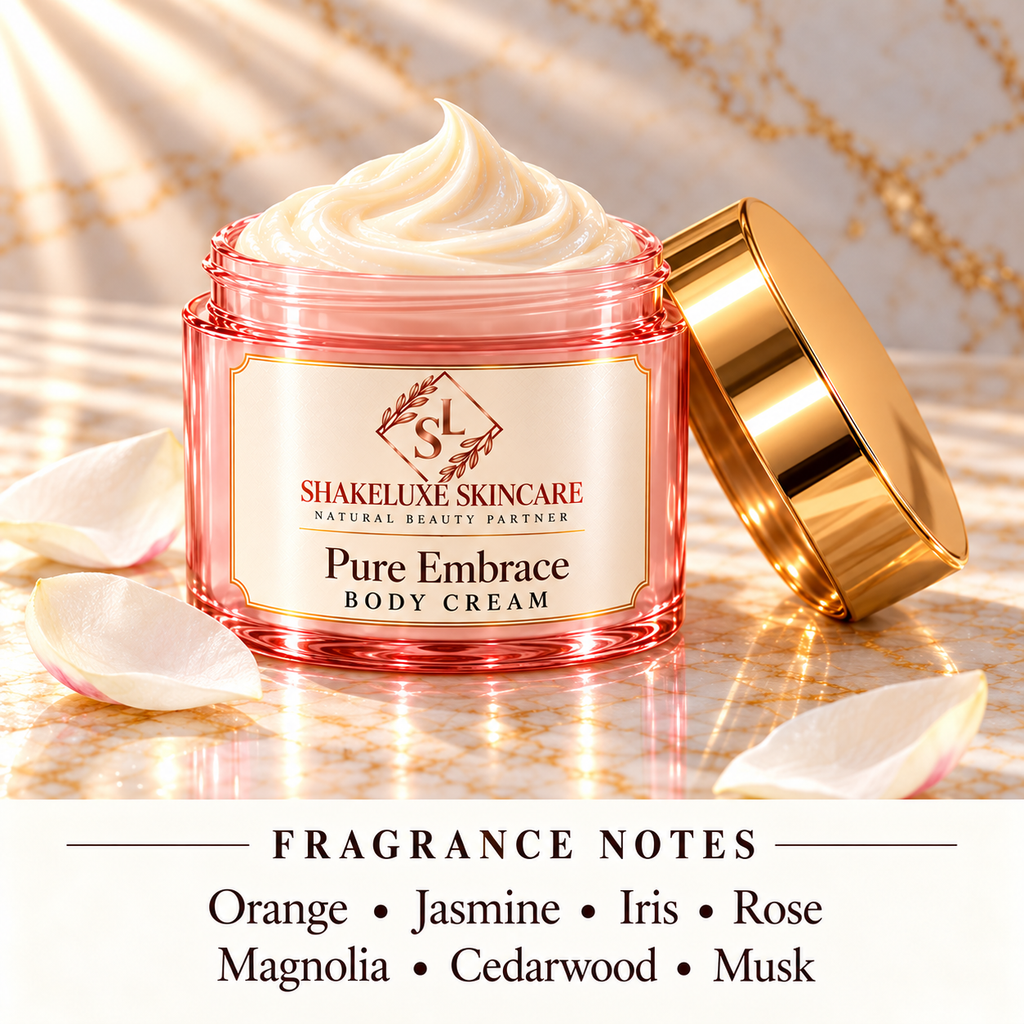 ShakeLuxe Pure Embrace body cream, pink and gold packaging; Orange • Jasmine • Iris • Rose; Magnolia • Cedarwood • Musk