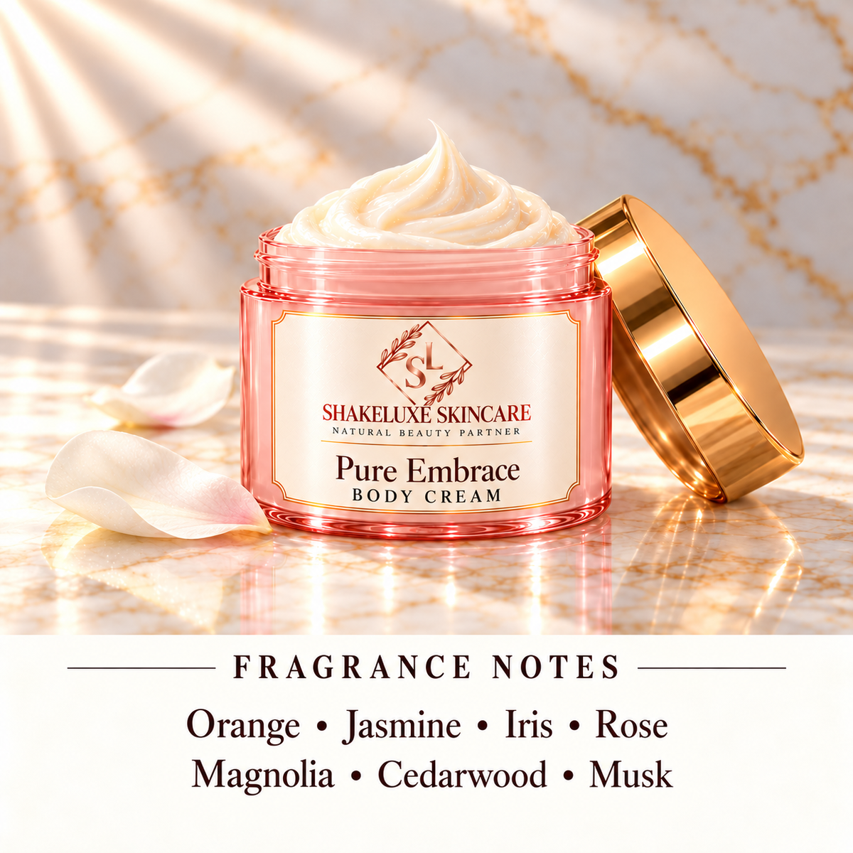 ShakeLuxe Pure Embrace body cream, pink and gold packaging; Orange • Jasmine • Iris • Rose; Magnolia • Cedarwood • Musk