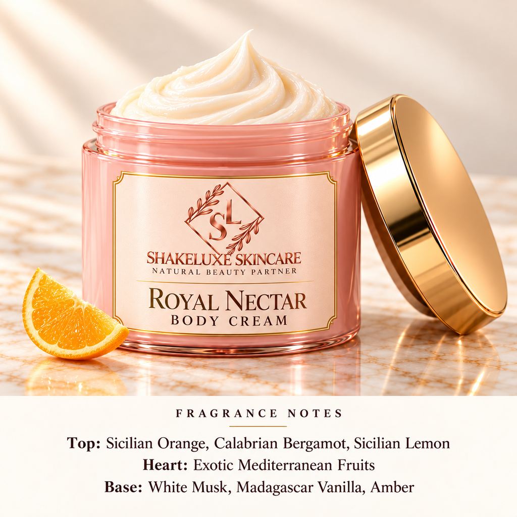 ShakeLuxe Royal Nectar Body Cream with SL branding and fragrance notes.