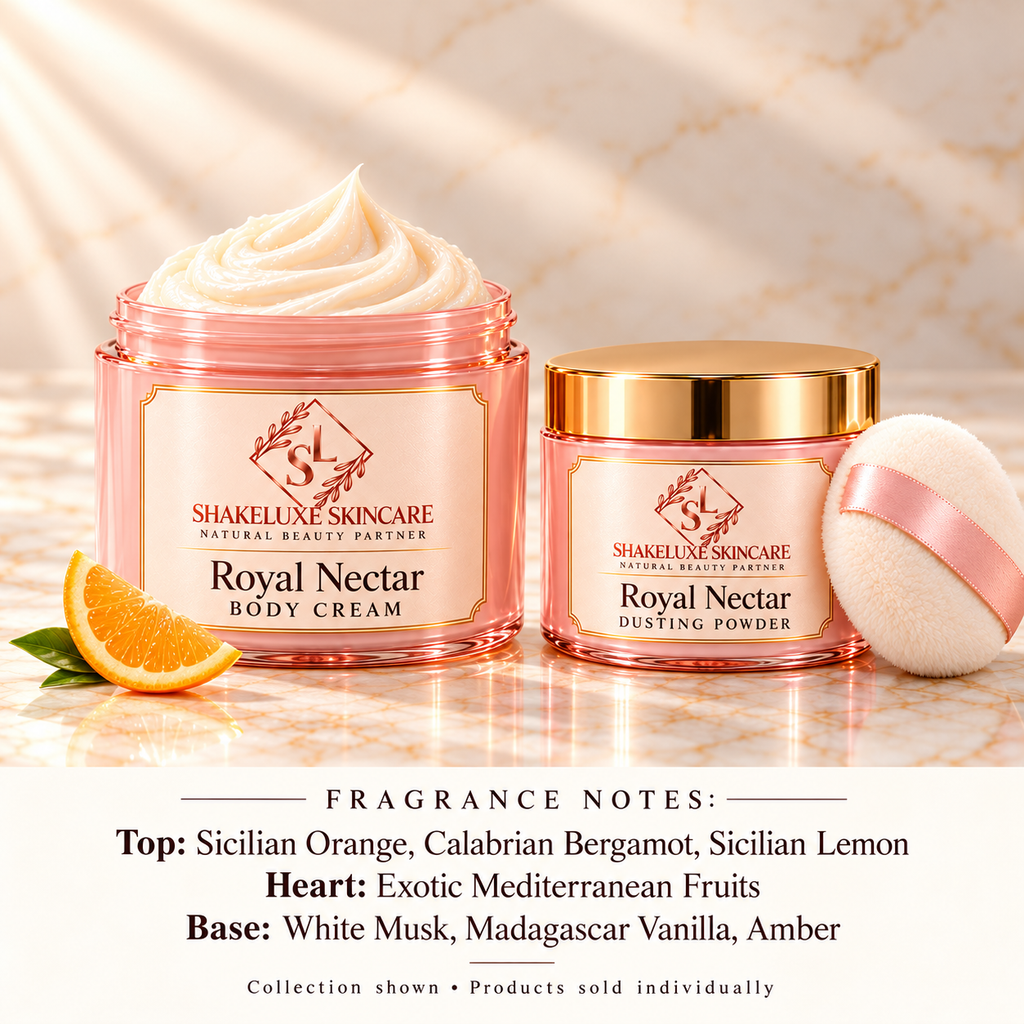 ShakeLuxe Royal Nectar cream and dusting powder collection with fragrance notes. Products sold individually.