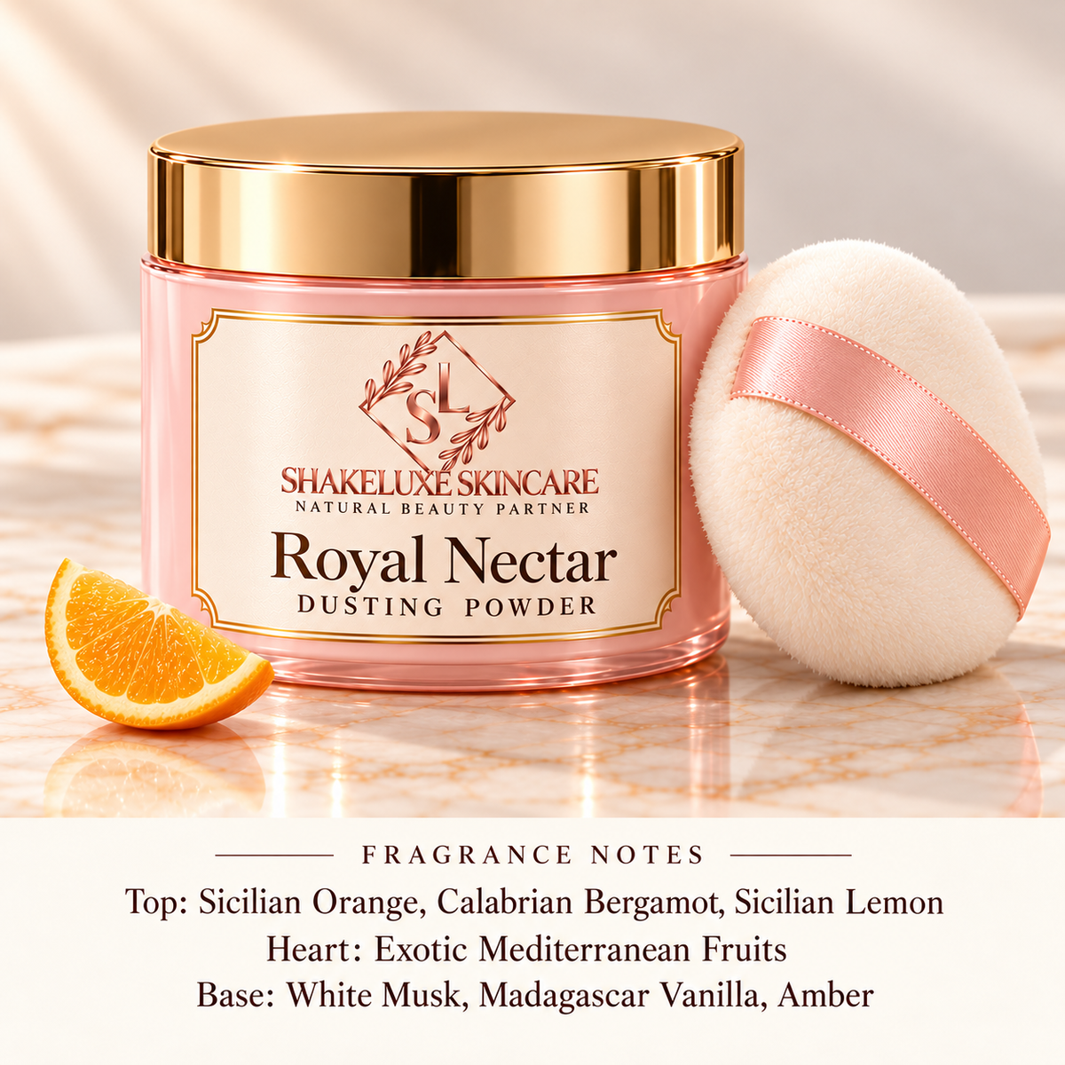 ShakeLuxe Royal Nectar Dusting Powder with SL branding and fragrance notes.