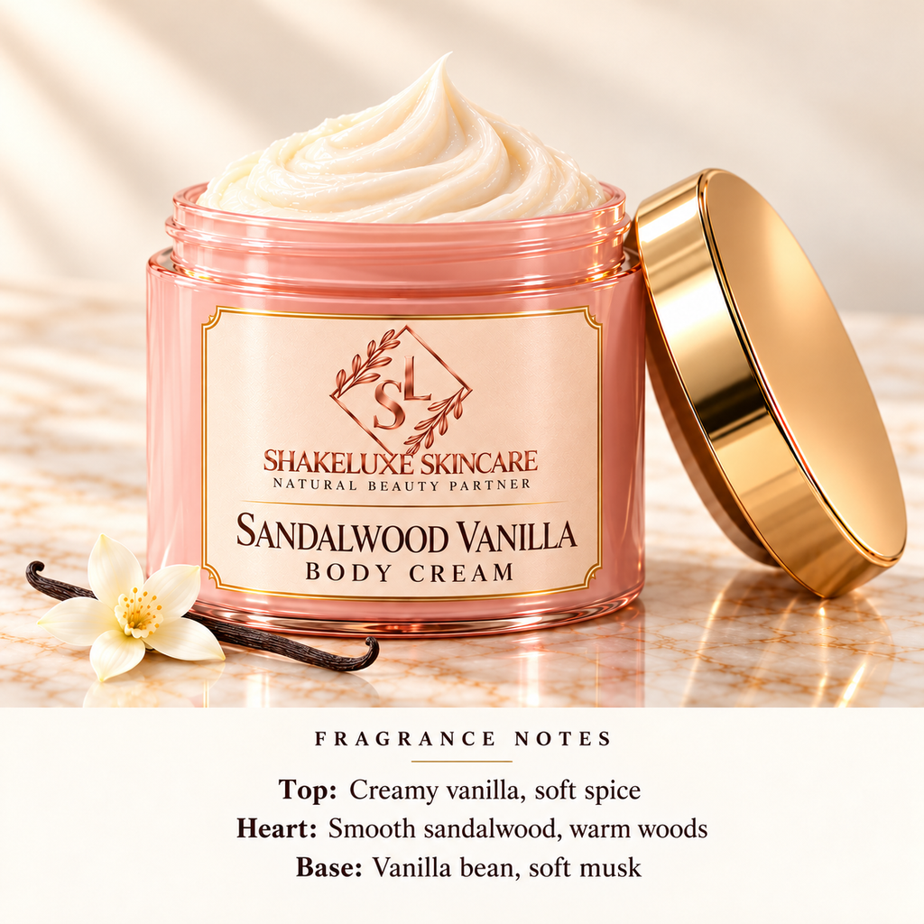 ShakeLuxe Sandalwood Vanilla Body Cream with SL branding and fragrance notes.