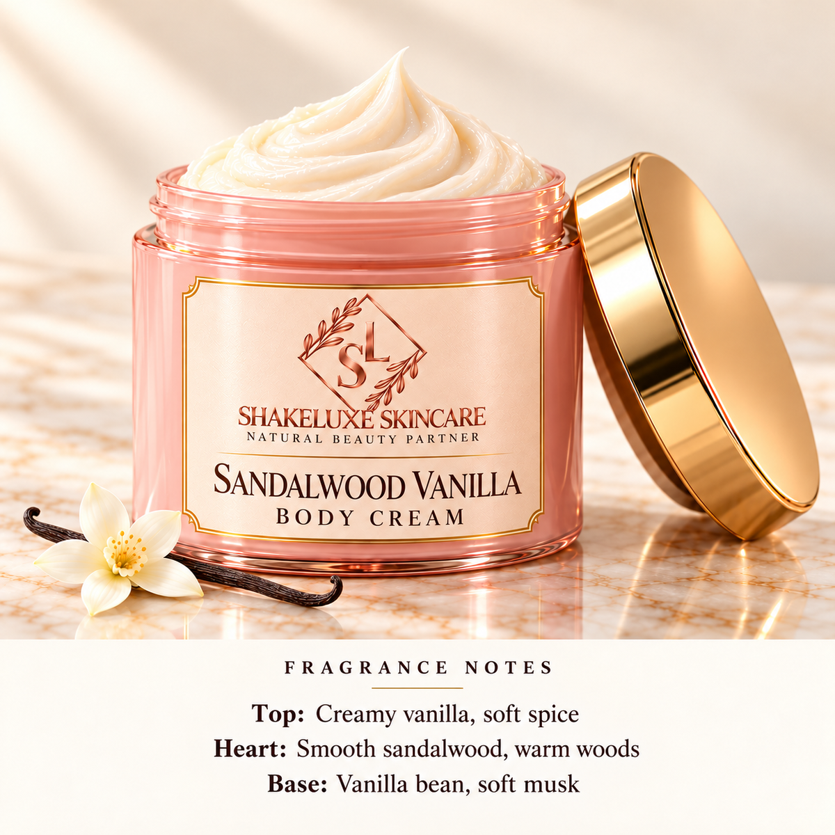 ShakeLuxe Sandalwood Vanilla Body Cream with SL branding and fragrance notes.