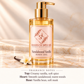 ShakeLuxe Sandalwood Vanilla Body Oil with SL branding and fragrance notes.