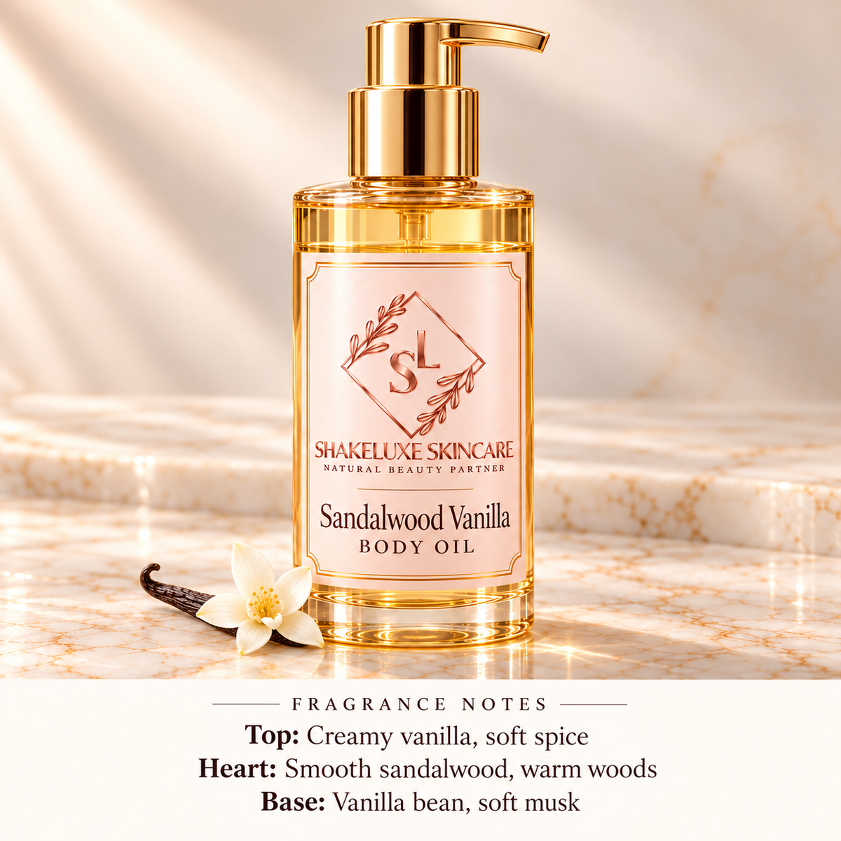 ShakeLuxe Sandalwood Vanilla Body Oil with SL branding and fragrance notes.