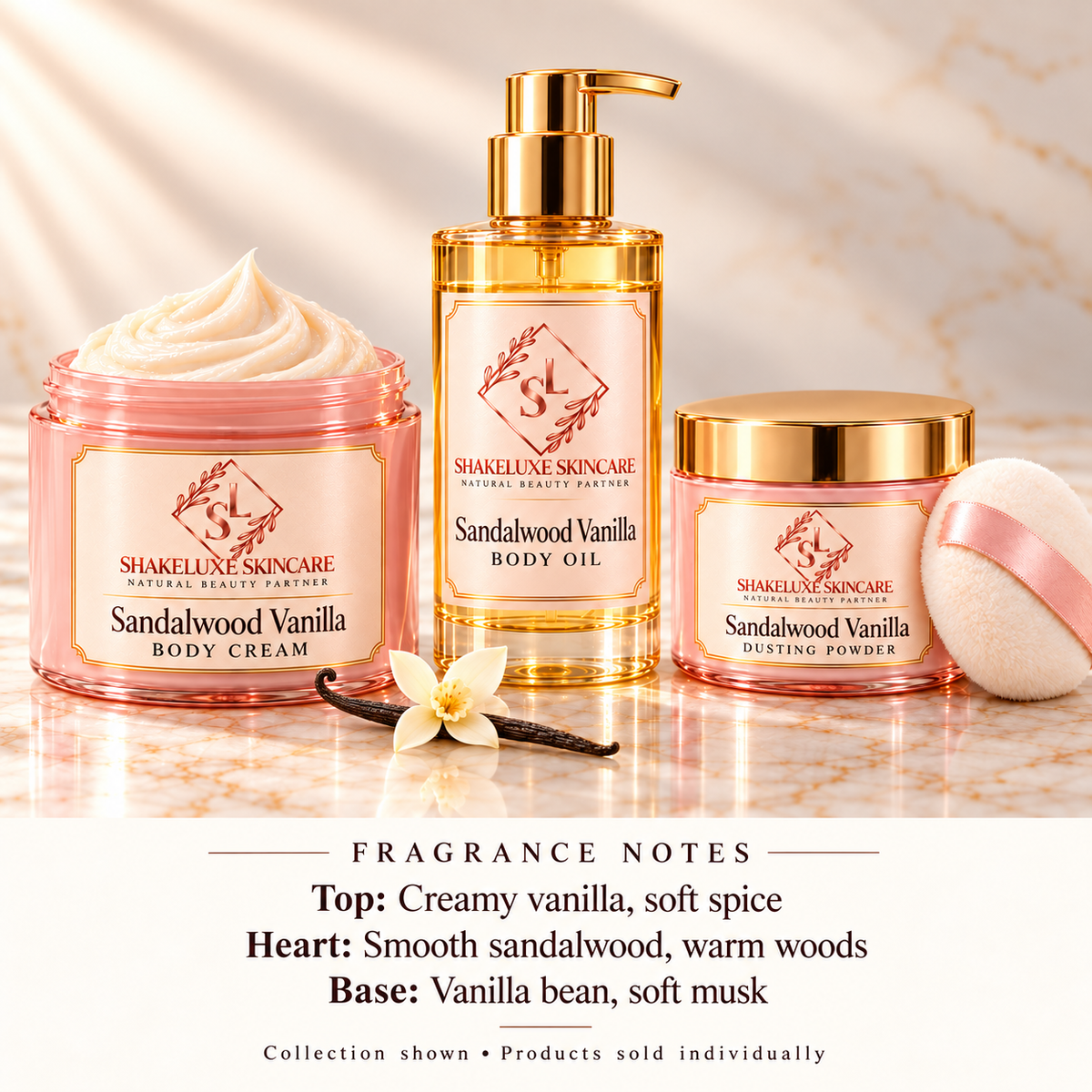 ShakeLuxe Sandalwood Vanilla cream, body oil and dusting powder collection with fragrance notes. Products sold individually.