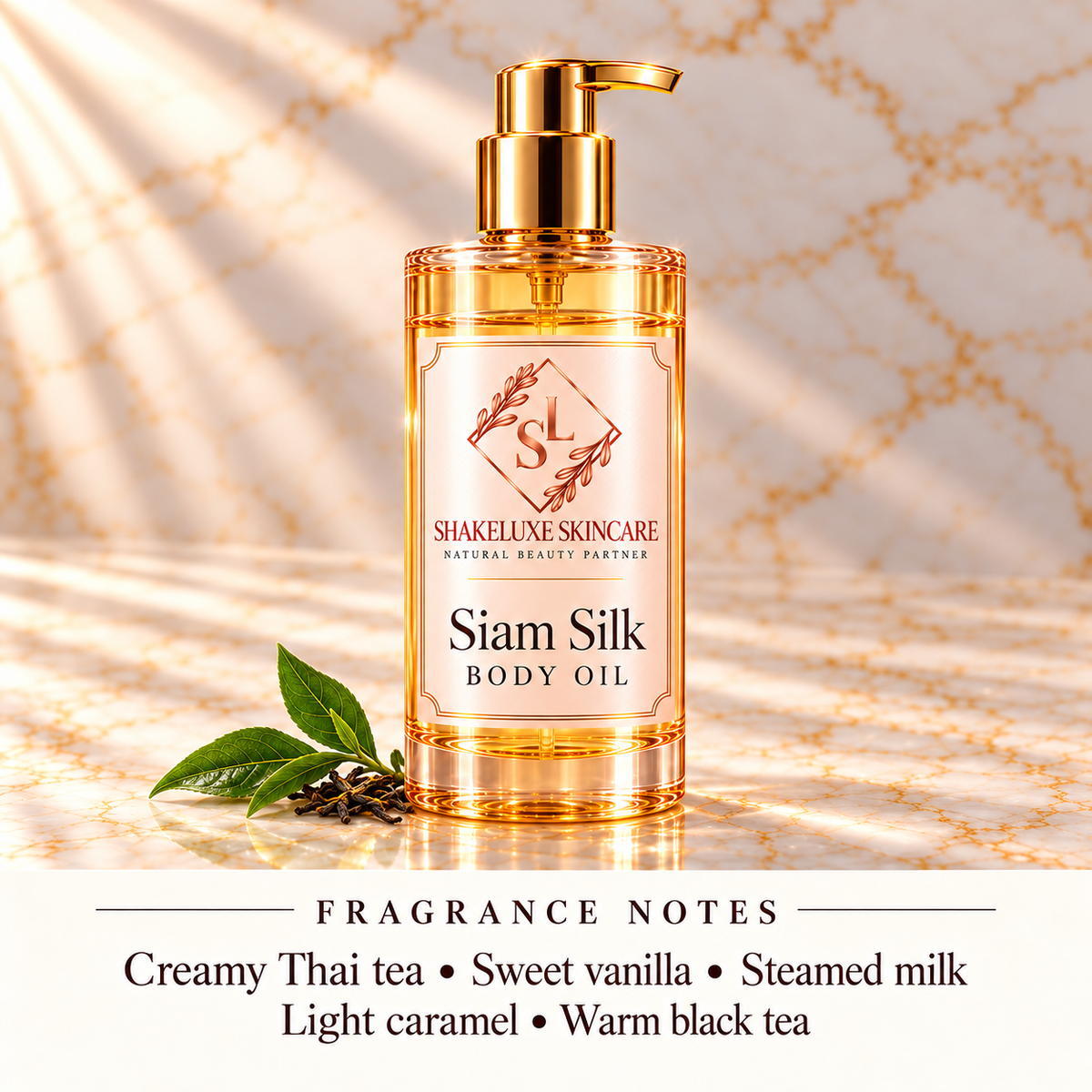 ShakeLuxe Siam Silk Body Oil with SL branding; creamy Thai tea, sweet vanilla, steamed milk, light caramel and warm black tea notes