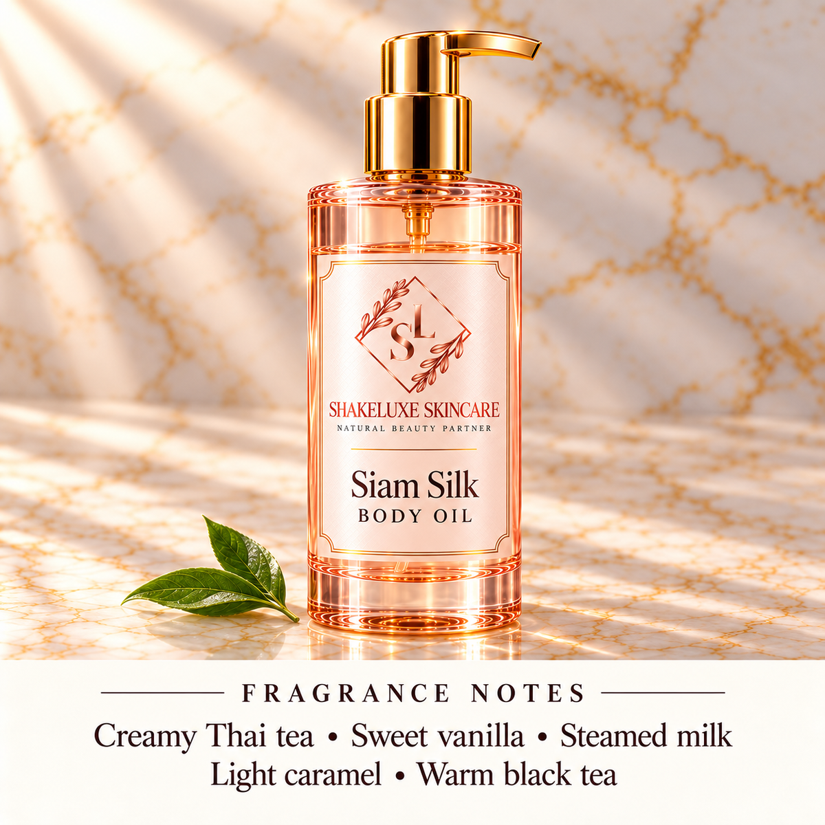Closer view of ShakeLuxe Siam Silk Body Oil with pink label, SL branding and Thai tea fragrance notes