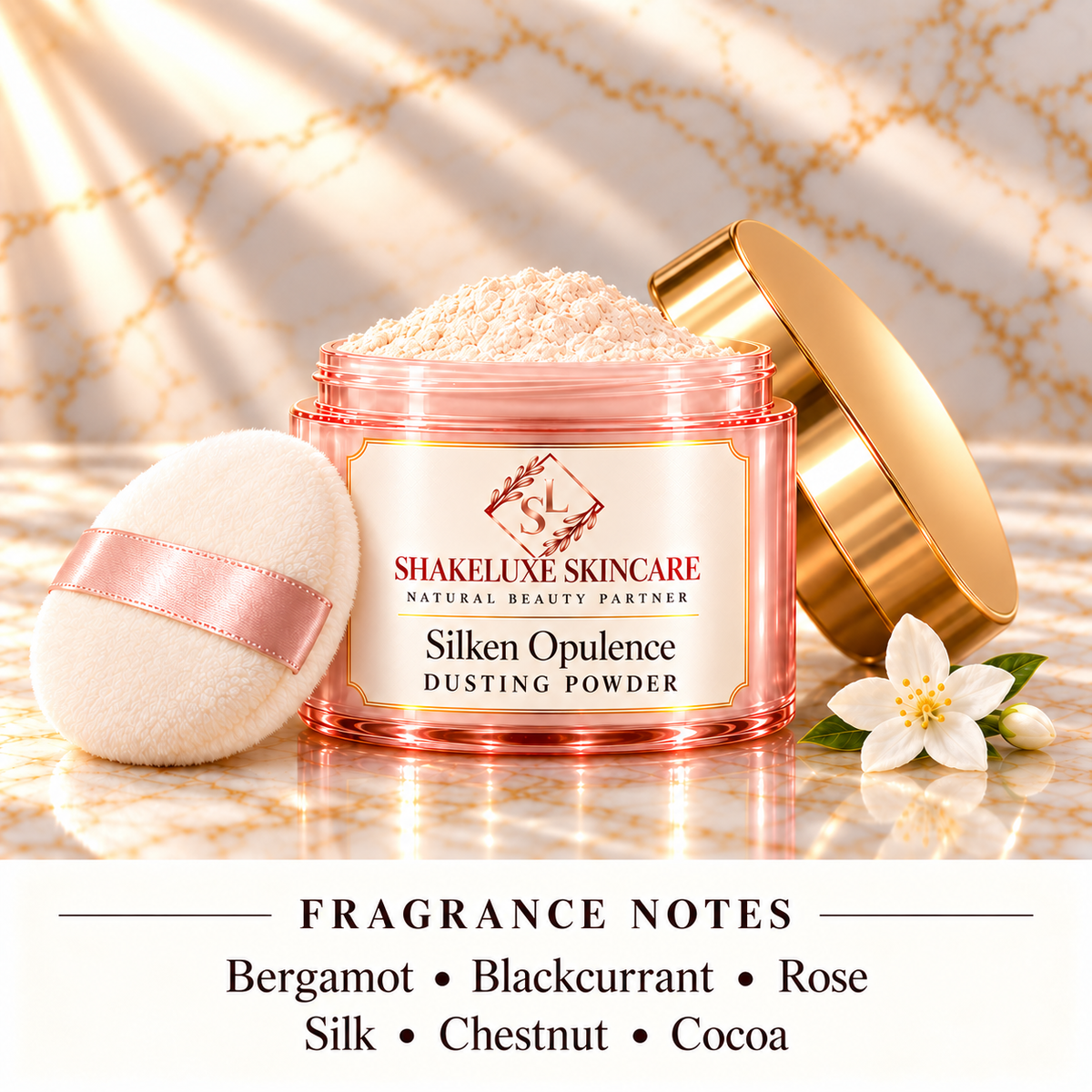 ShakeLuxe Silken Opulence Dusting Powder; Bergamot • Blackcurrant • Rose • Silk • Chestnut • Cocoa