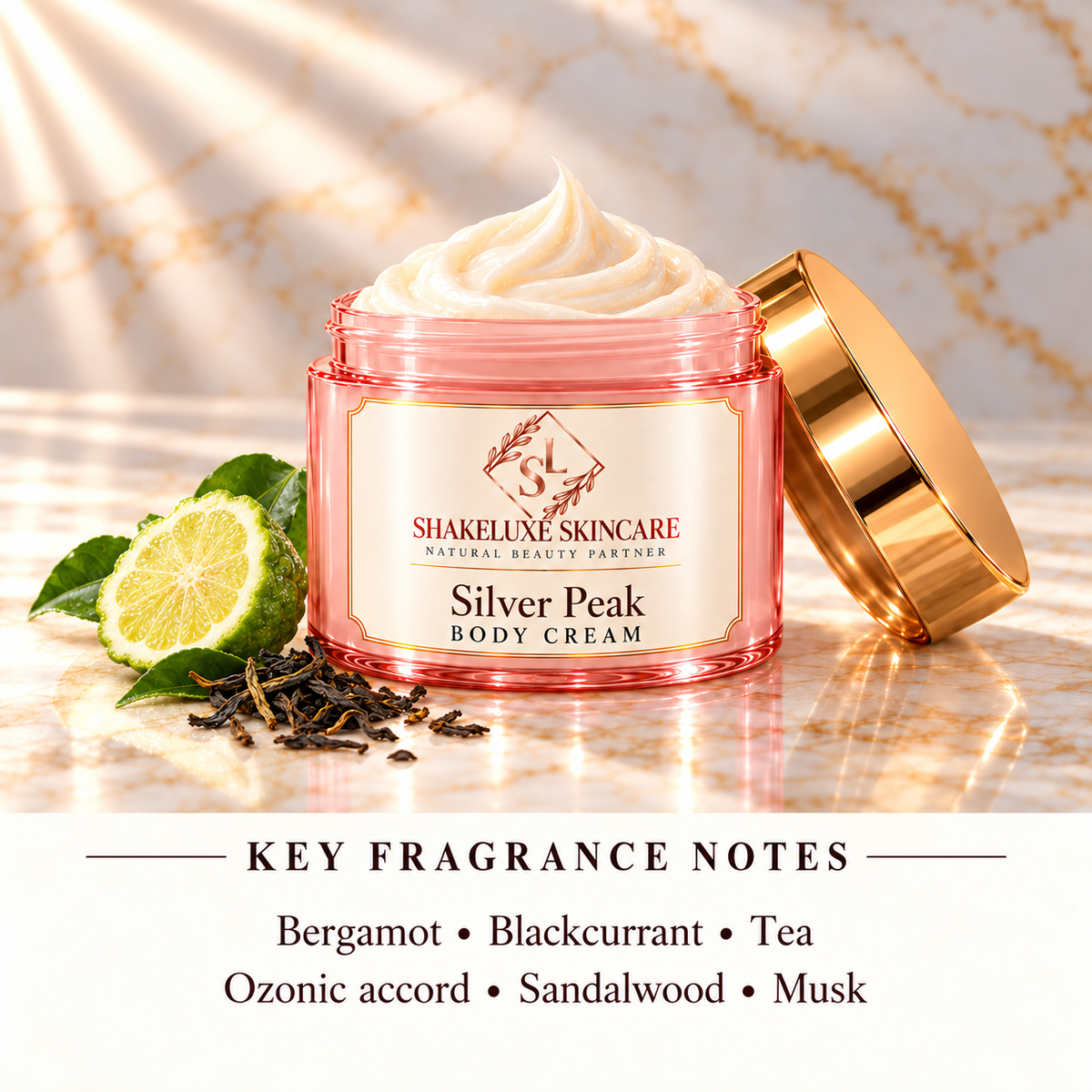 ShakeLuxe Silver Peak Body Cream — bergamot, blackcurrant, tea, ozonic accord, sandalwood and musk