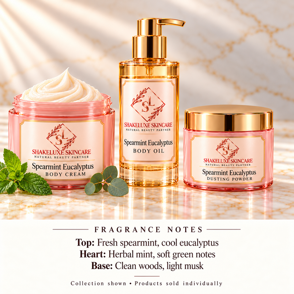 ShakeLuxe Spearmint Eucalyptus cream, oil, and dusting powder collection with SL branding and fragrance notes. Products sold individually.
