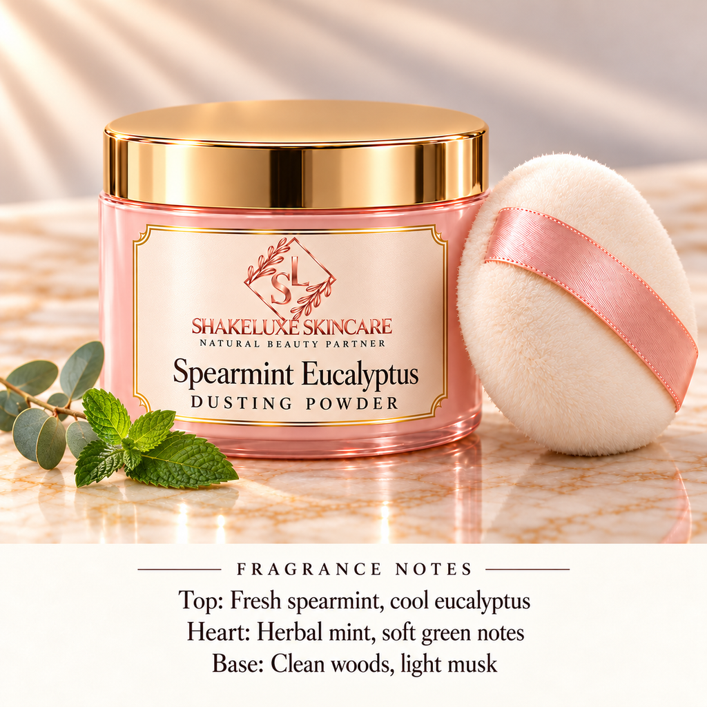 ShakeLuxe Spearmint Eucalyptus Dusting Powder with SL branding and fragrance notes.