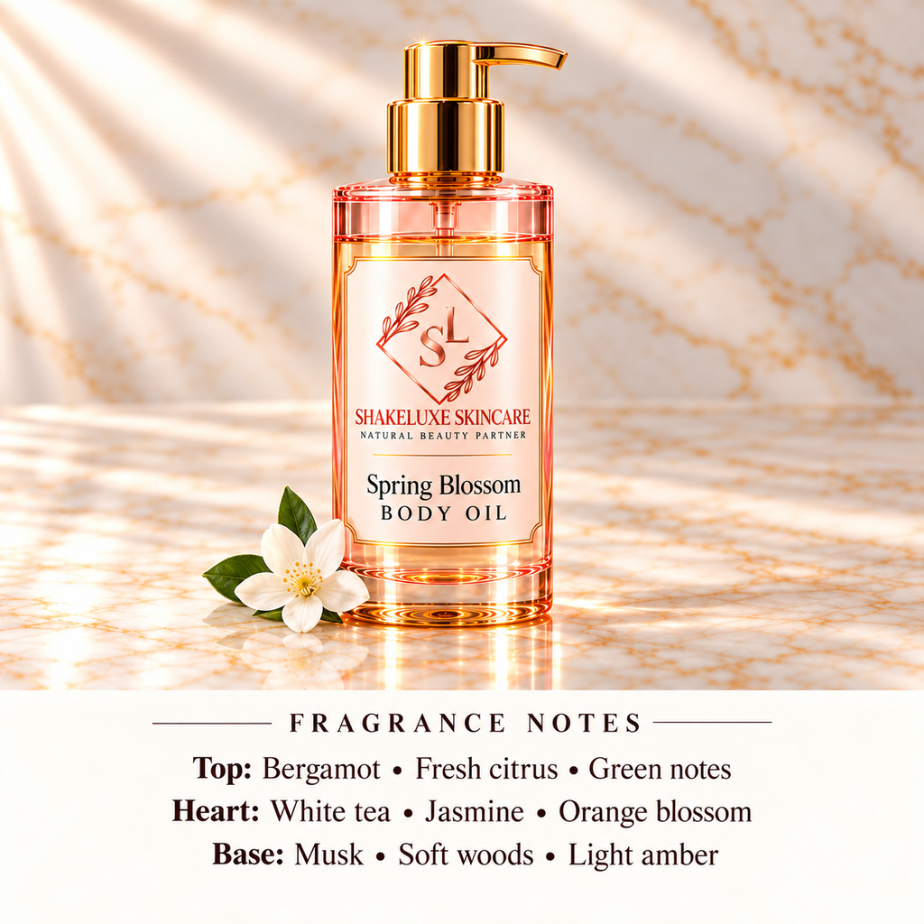 ShakeLuxe Spring Blossom Body Oil with SL branding and citrus, white tea, floral, musk, woods and amber fragrance notes