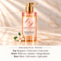 ShakeLuxe Spring Blossom Body Oil with SL branding and citrus, white tea, floral, musk, woods and amber fragrance notes