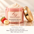 ShakeLuxe Strawberry Banana Body Cream with SL branding and fragrance notes.