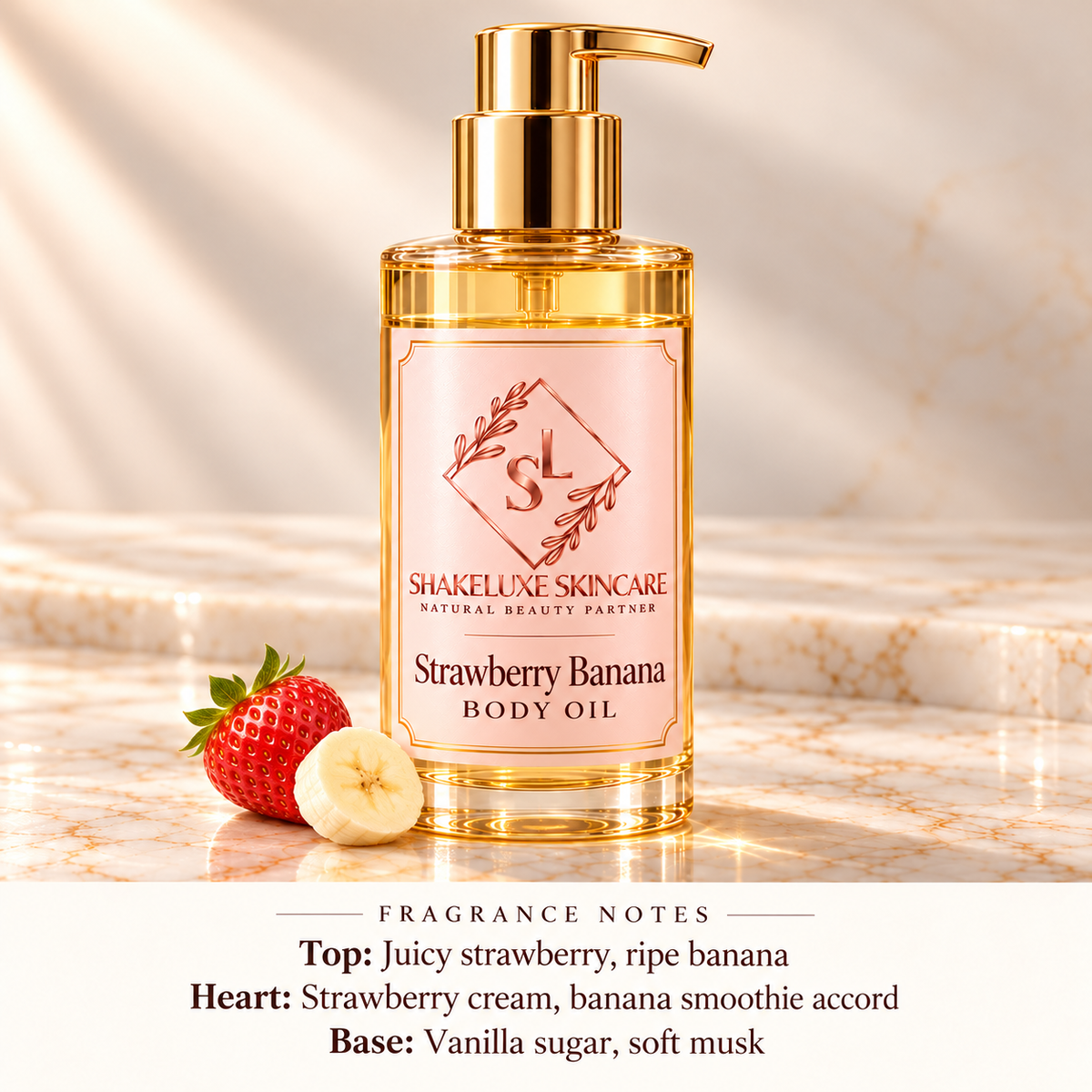ShakeLuxe Strawberry Banana Body Oil with SL branding and fragrance notes.