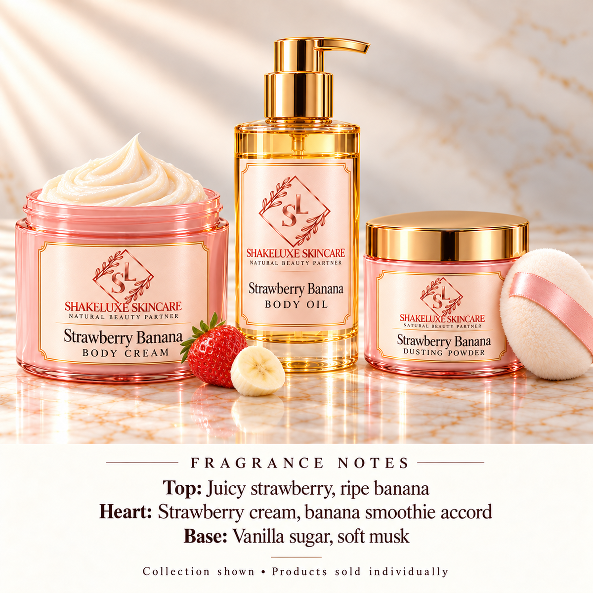 ShakeLuxe Strawberry Banana collection with SL branding and fragrance notes.