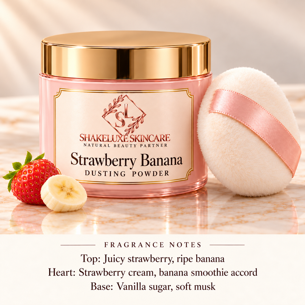 ShakeLuxe Strawberry Banana Dusting Powder with SL branding and fragrance notes.