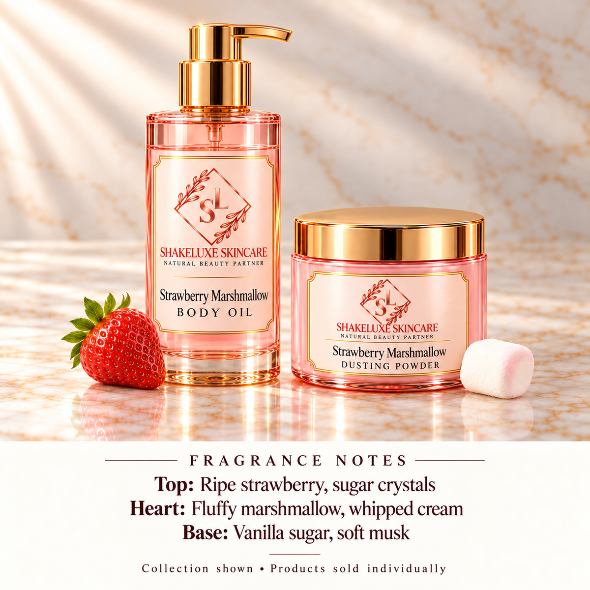 ShakeLuxe Strawberry Marshmallow body oil and dusting powder collection with SL branding and fragrance notes. Products sold individually.