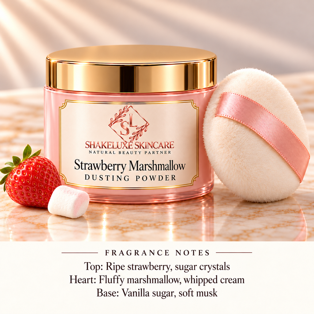 ShakeLuxe Strawberry Marshmallow Dusting Powder with SL branding and fragrance notes.
