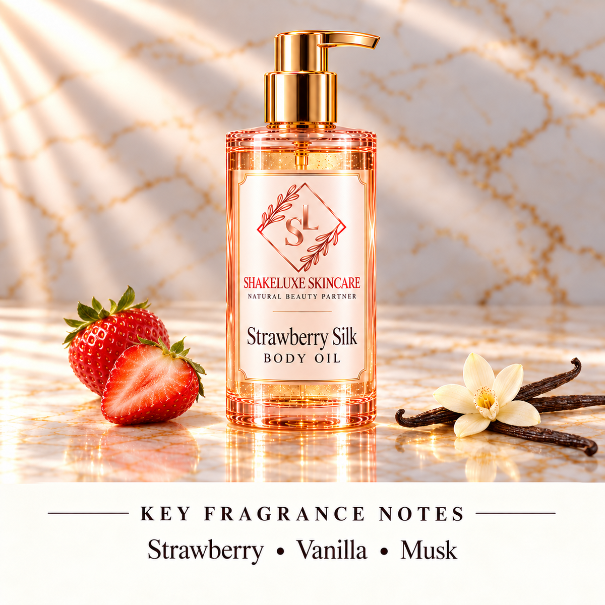 ShakeLuxe Strawberry Silk Body Oil — strawberry, vanilla and musk