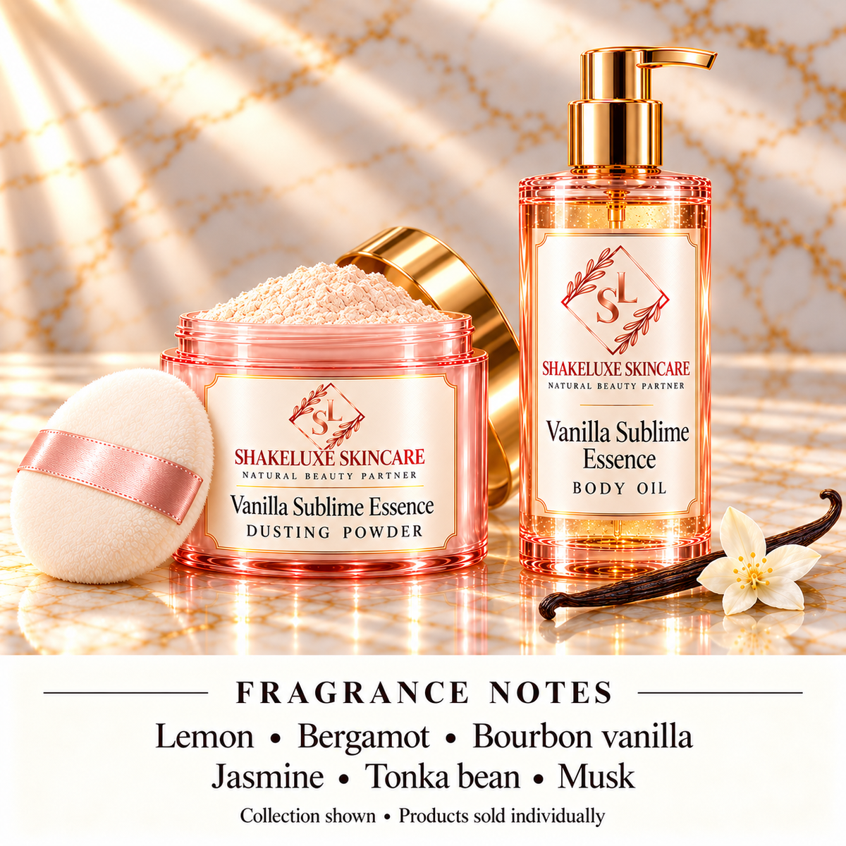 ShakeLuxe Vanilla Sublime Essence collection, pink and gold packaging; Lemon • Bergamot • Bourbon vanilla; Jasmine • Tonka bean • Musk; products sold individually