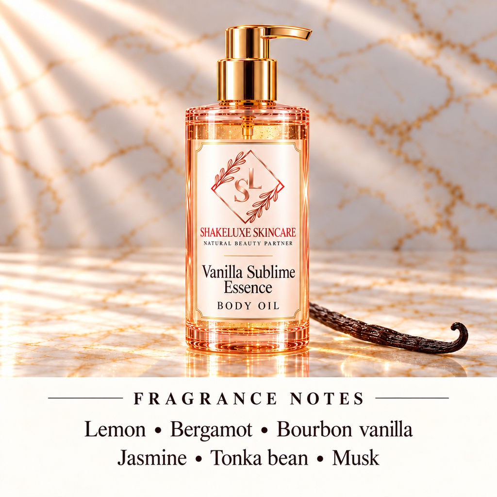 ShakeLuxe Vanilla Sublime Essence body oil, pink and gold packaging; Lemon • Bergamot • Bourbon vanilla; Jasmine • Tonka bean • Musk