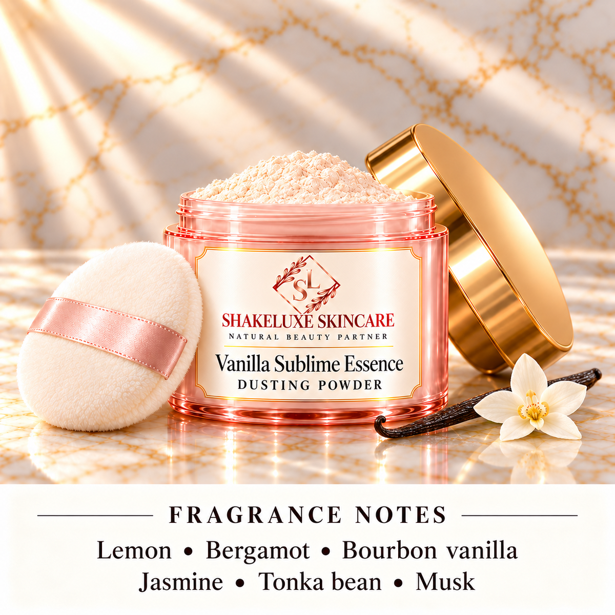 ShakeLuxe Vanilla Sublime Essence dusting powder, pink and gold packaging; Lemon • Bergamot • Bourbon vanilla; Jasmine • Tonka bean • Musk