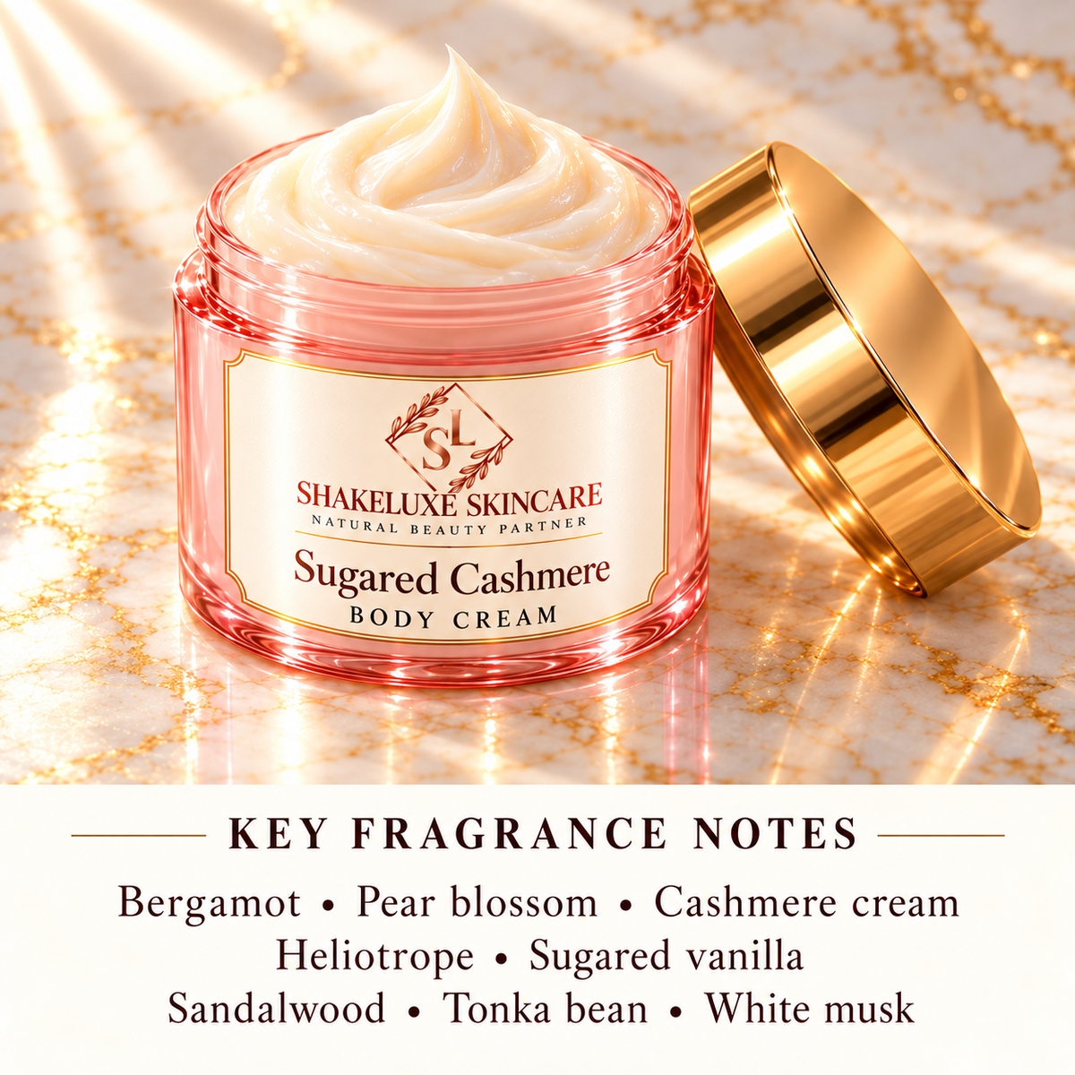 ShakeLuxe Sugared Cashmere Body Cream with fragrance notes: Bergamot • Pear blossom • Cashmere cream; Heliotrope • Sugared vanilla; Sandalwood • Tonka bean • White musk