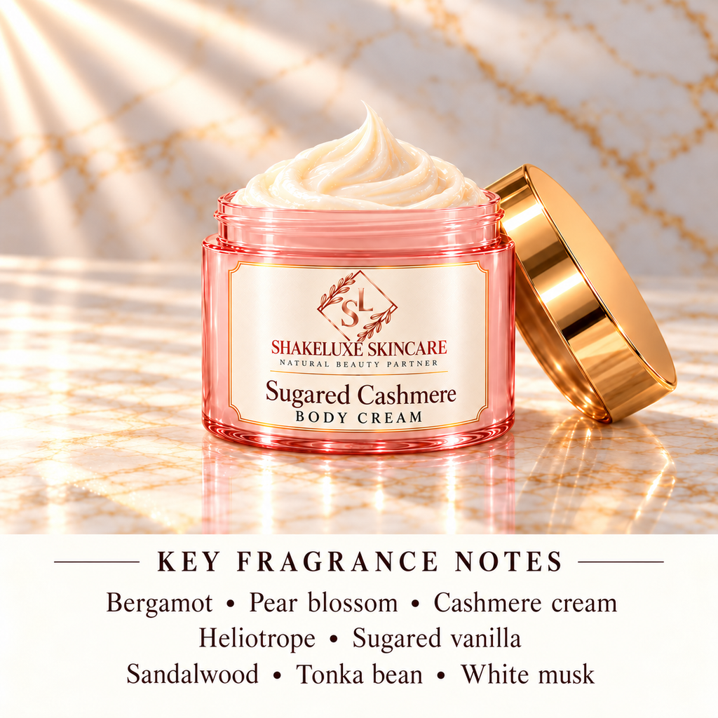 ShakeLuxe Sugared Cashmere Body Cream with fragrance notes: Bergamot • Pear blossom • Cashmere cream; Heliotrope • Sugared vanilla; Sandalwood • Tonka bean • White musk