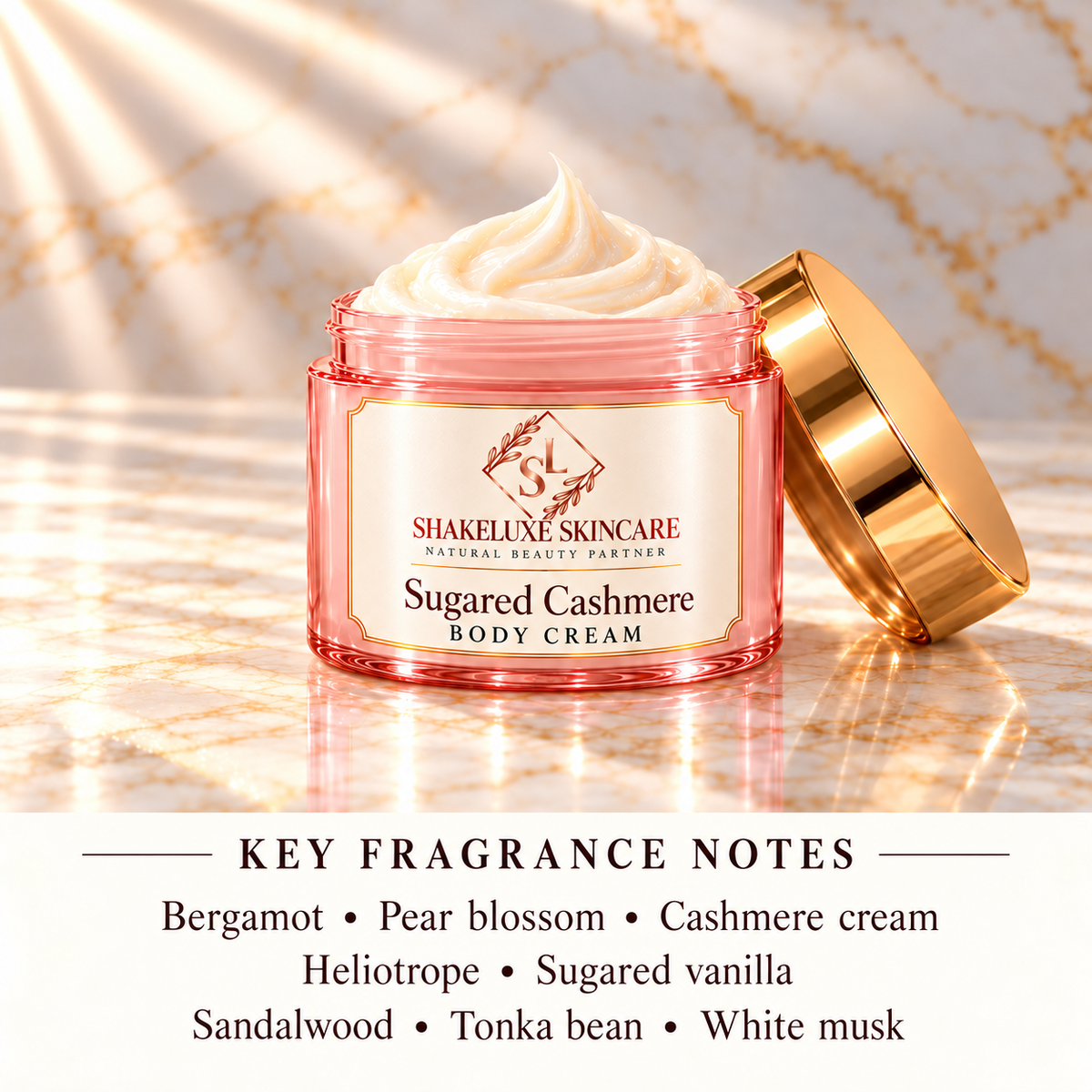 ShakeLuxe Sugared Cashmere Body Cream with fragrance notes: Bergamot • Pear blossom • Cashmere cream; Heliotrope • Sugared vanilla; Sandalwood • Tonka bean • White musk