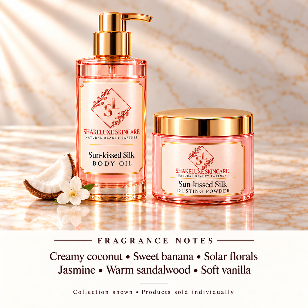 ShakeLuxe Sun-kissed Silk body oil and dusting powder collection with SL branding and fragrance notes. Products sold individually.
