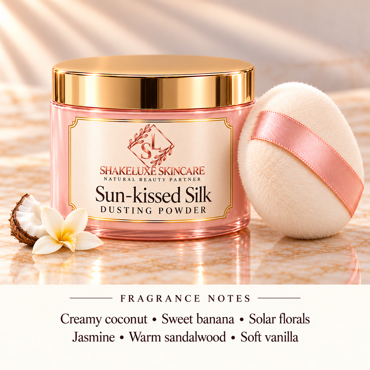 ShakeLuxe Sun-kissed Silk Dusting Powder with SL branding and fragrance notes.