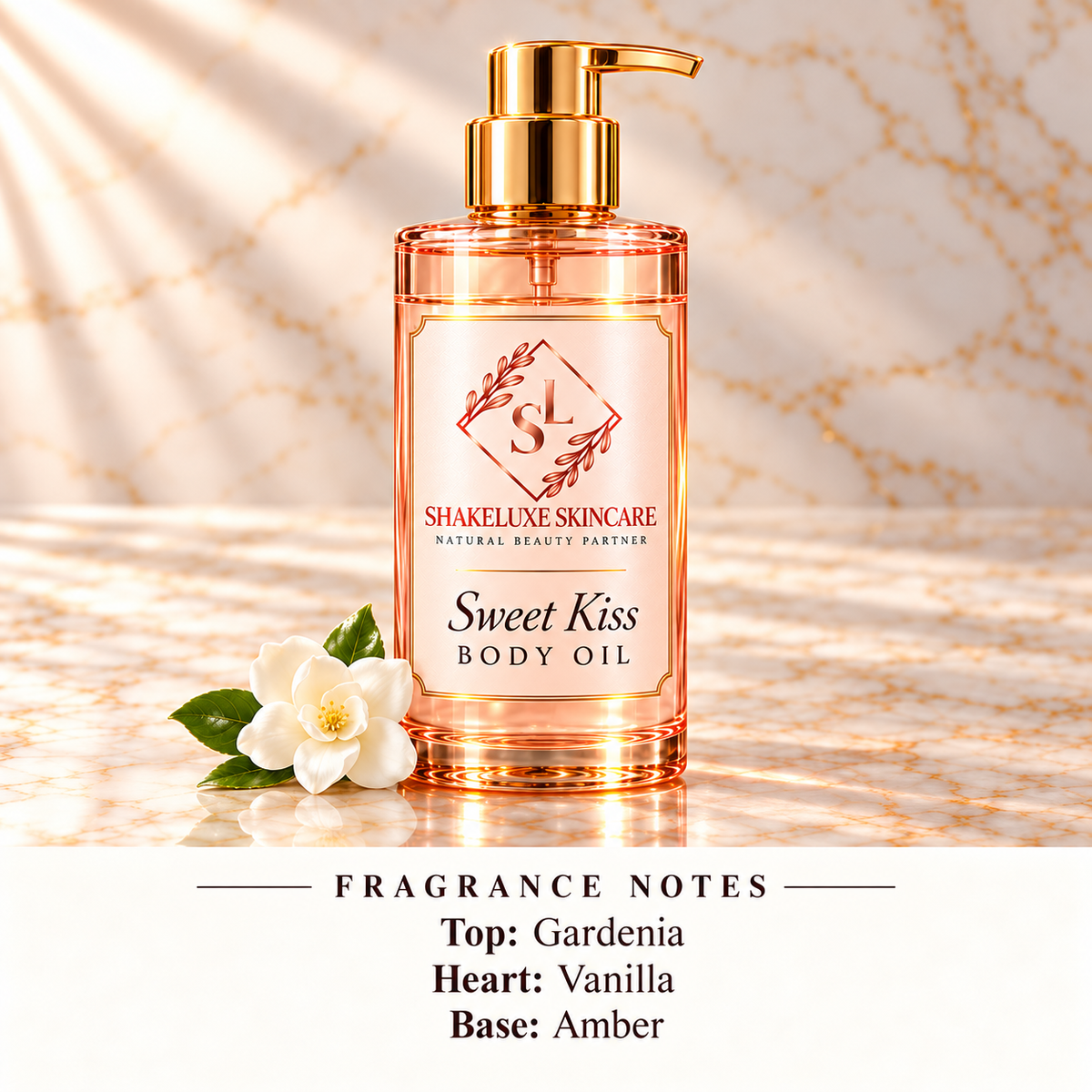 ShakeLuxe Sweet Kiss Body Oil with SL branding; gardenia, vanilla and amber fragrance notes