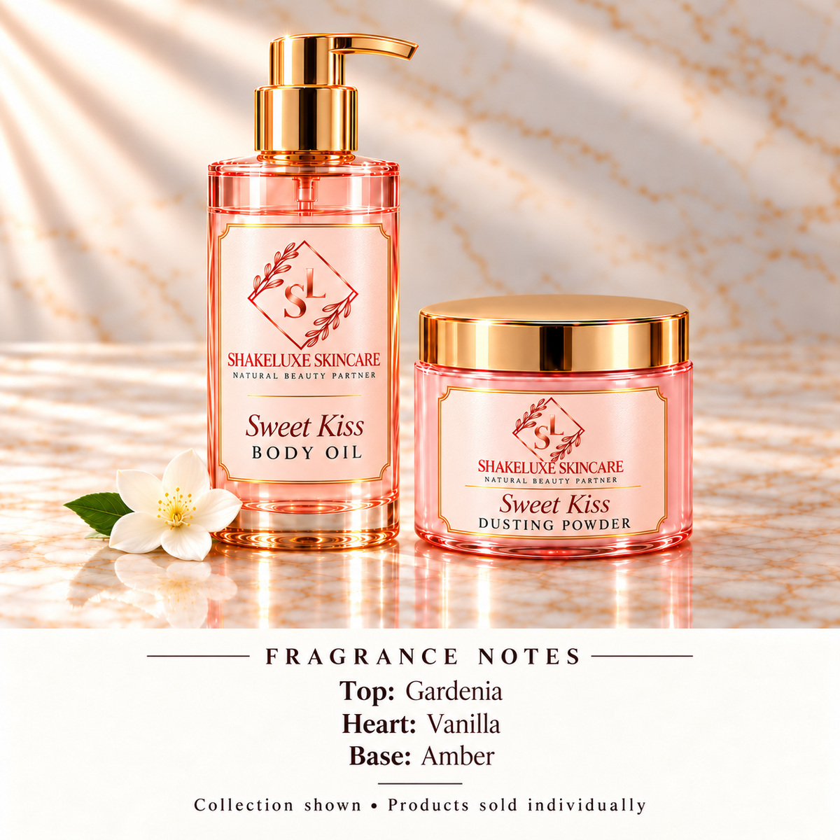 ShakeLuxe Sweet Kiss body oil and dusting powder with SL branding and gardenia, vanilla and amber notes; products sold individually