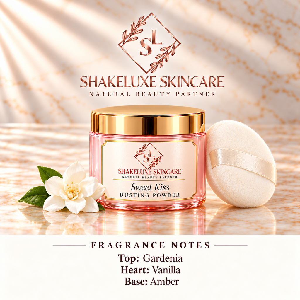 ShakeLuxe Sweet Kiss Dusting Powder with SL branding; gardenia, vanilla and amber fragrance notes