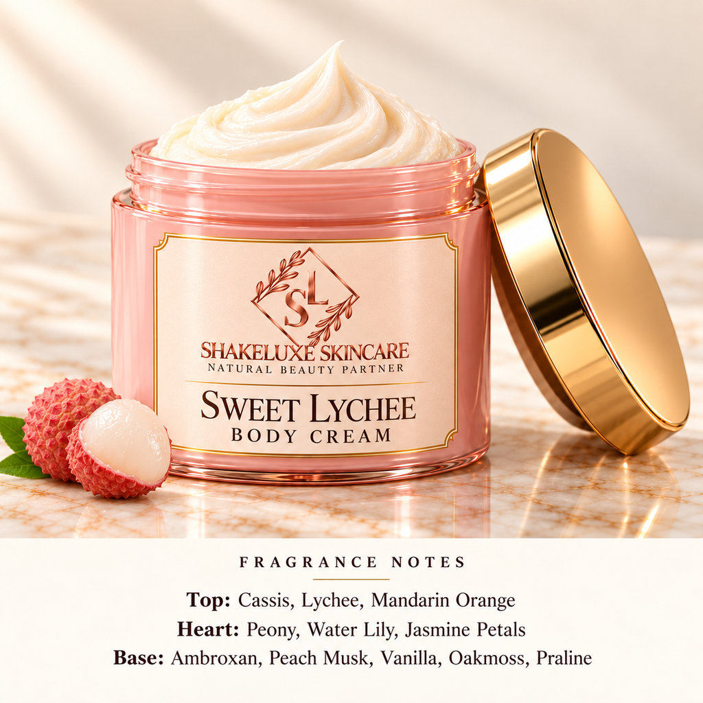 ShakeLuxe Sweet Lychee Body Cream with SL branding and fragrance notes.