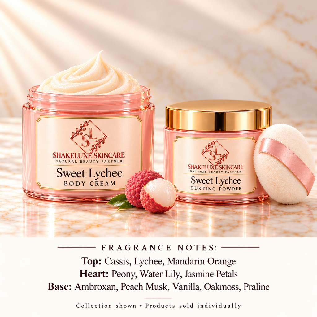 ShakeLuxe Sweet Lychee cream and dusting powder collection with fragrance notes. Products sold individually.