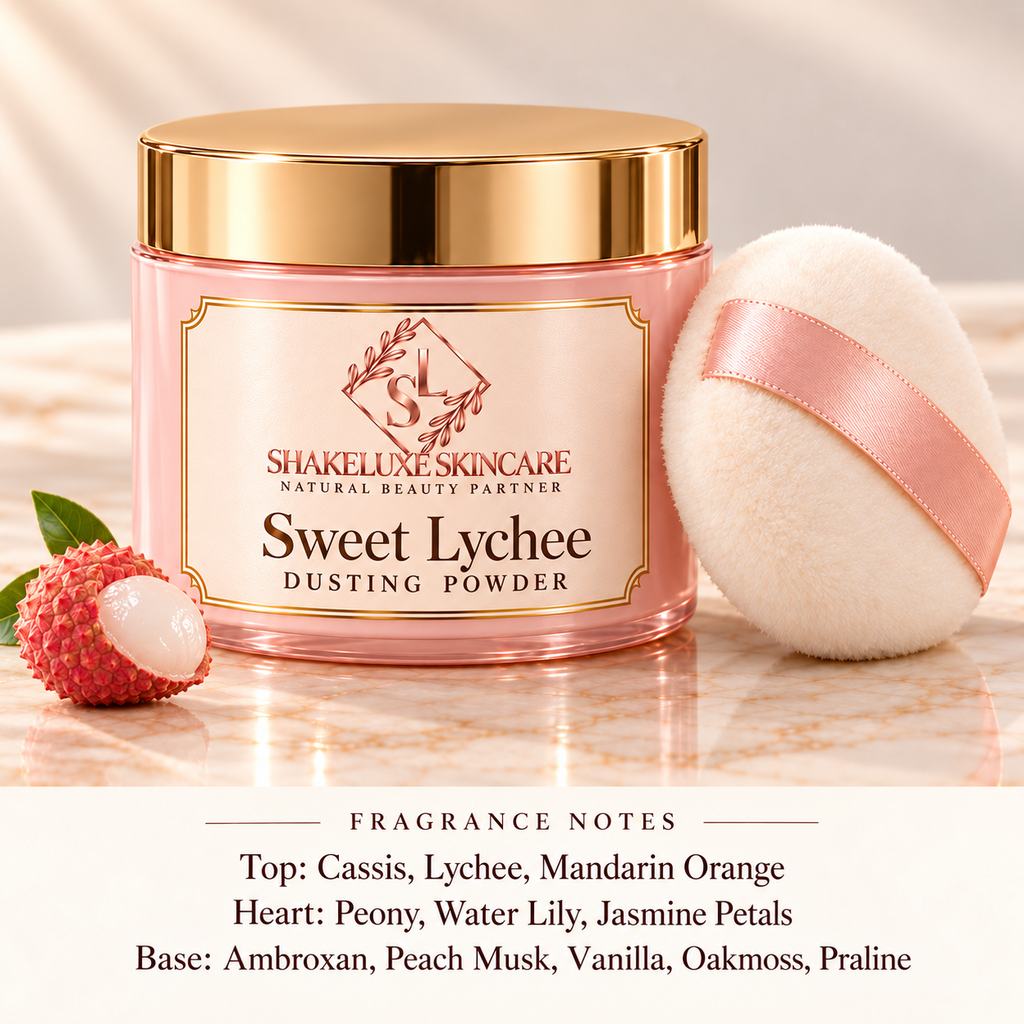 ShakeLuxe Sweet Lychee Dusting Powder with SL branding and fragrance notes.