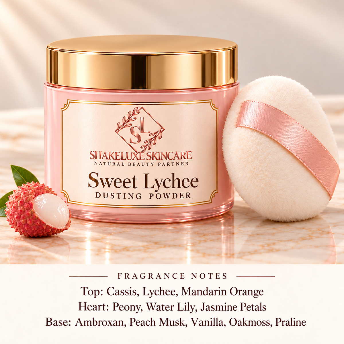 ShakeLuxe Sweet Lychee Dusting Powder with SL branding and fragrance notes.