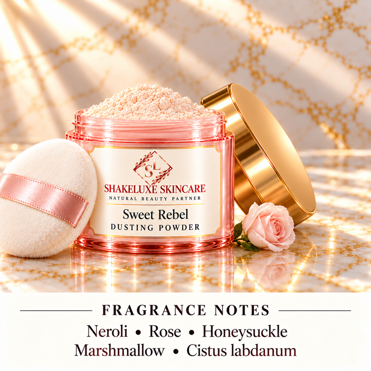 ShakeLuxe SWEET REBEL DUSTING POWDER pink and gold packaging with fragrance notes: Neroli, rose, honeysuckle, marshmallow, cistus labdanum