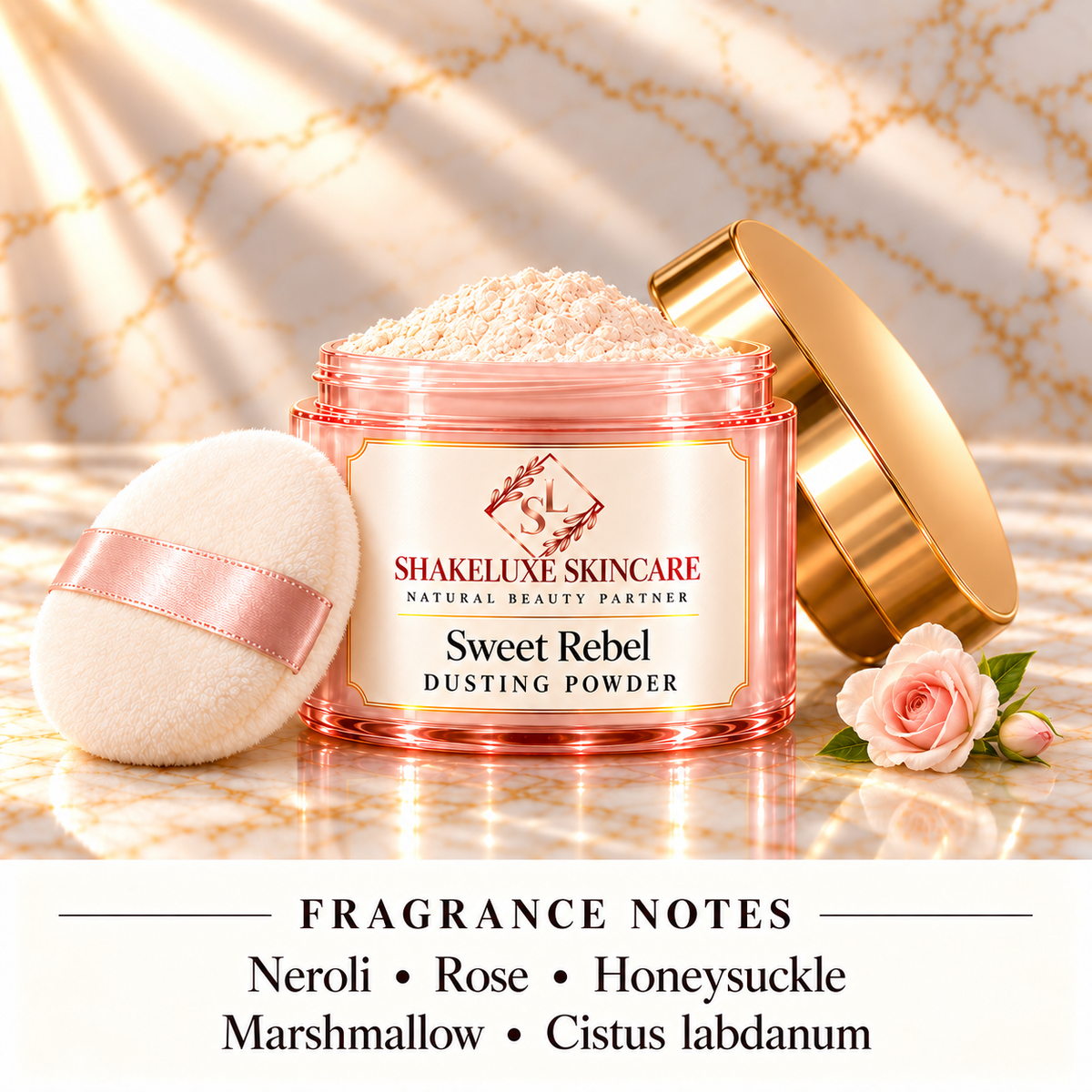 ShakeLuxe SWEET REBEL DUSTING POWDER pink and gold packaging with fragrance notes: Neroli, rose, honeysuckle, marshmallow, cistus labdanum