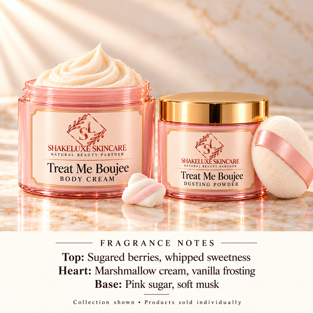 ShakeLuxe Treat Me Boujee collection with SL branding and fragrance notes.