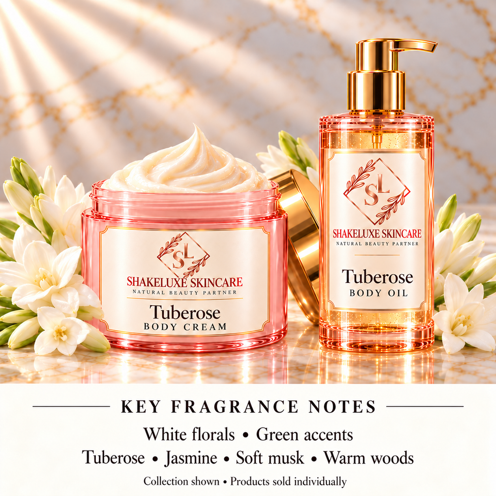 ShakeLuxe tuberose collection with key fragrance notes