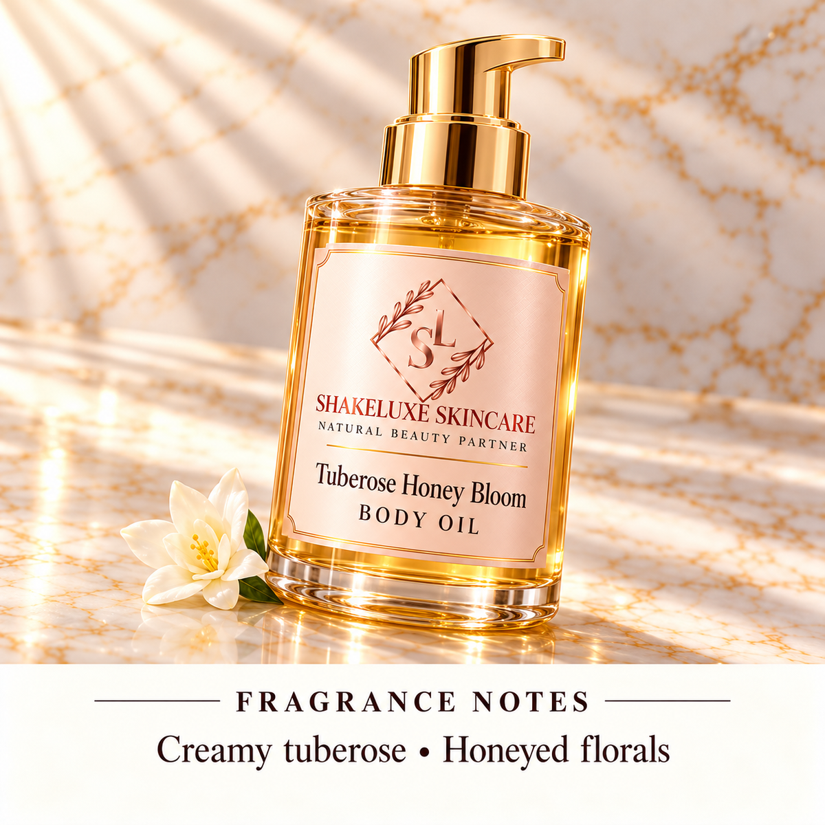 Tuberose Honey Bloom body oil close-up with ShakeLuxe SL branding and fragrance notes