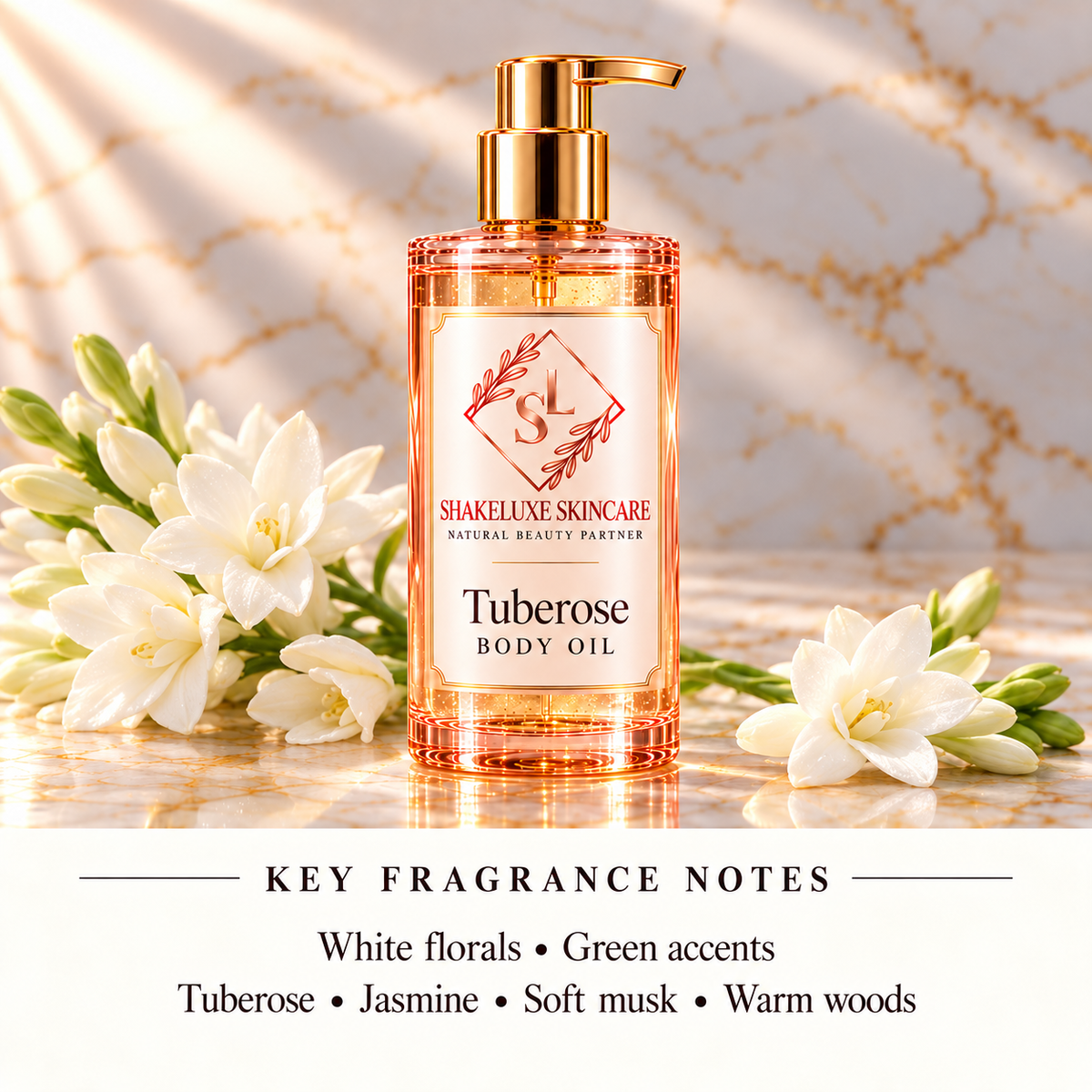 ShakeLuxe tuberose oil with key fragrance notes
