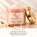 ShakeLuxe Vanilla Amber Body Cream with SL branding and fragrance notes.